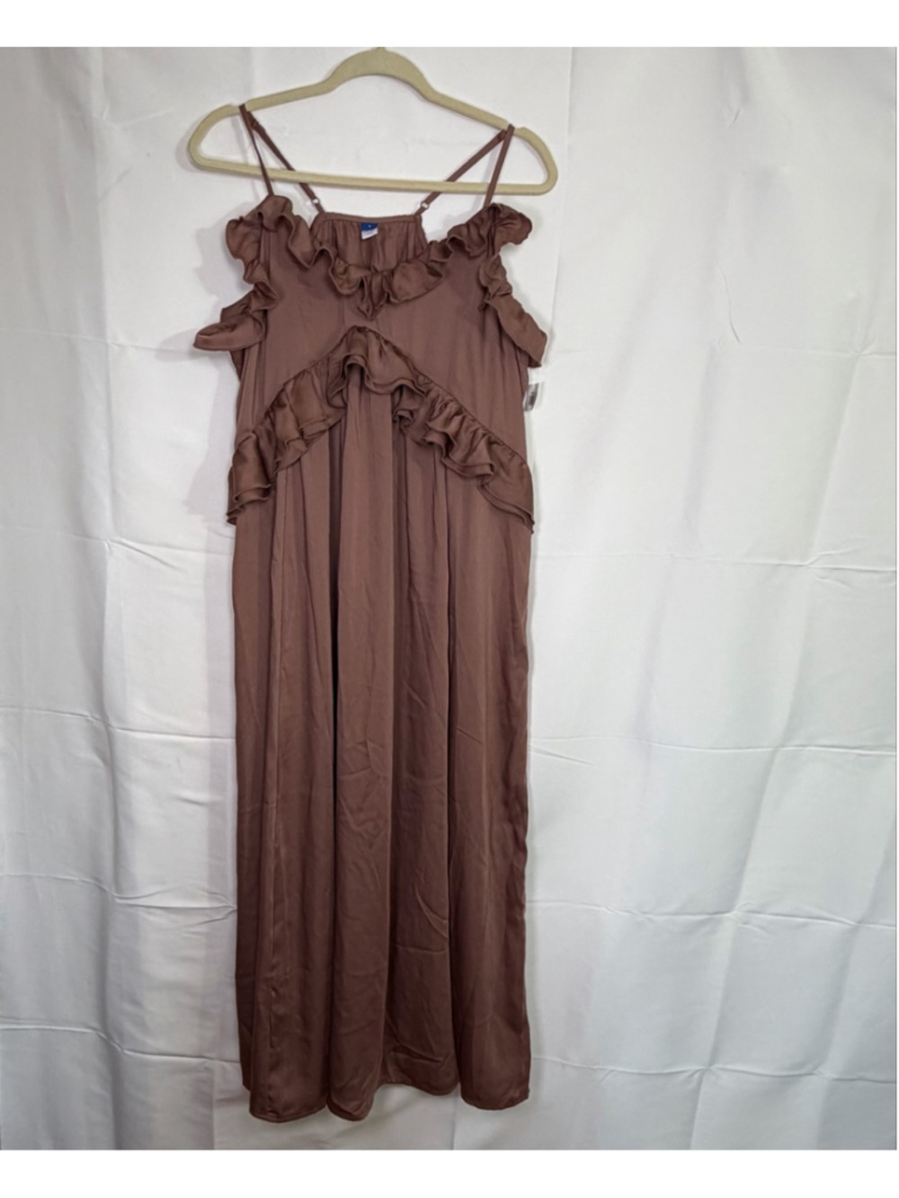 NWT Old Navy Ruffled Satin Boho Maxi Dress Warm Taupe Brown Size L